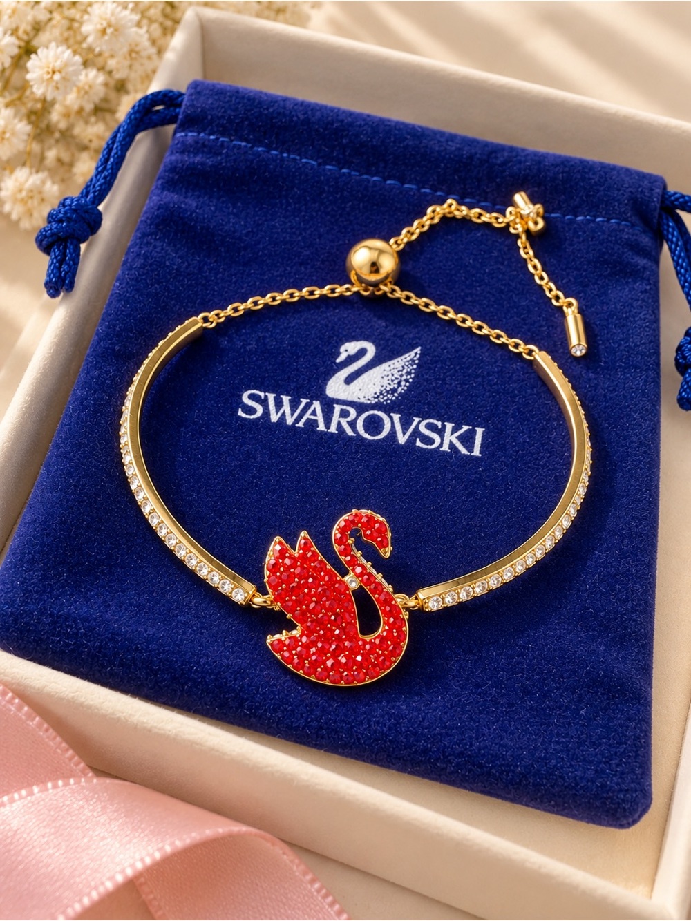 Swarovski Gold Bracelet with Red Crystal Swan